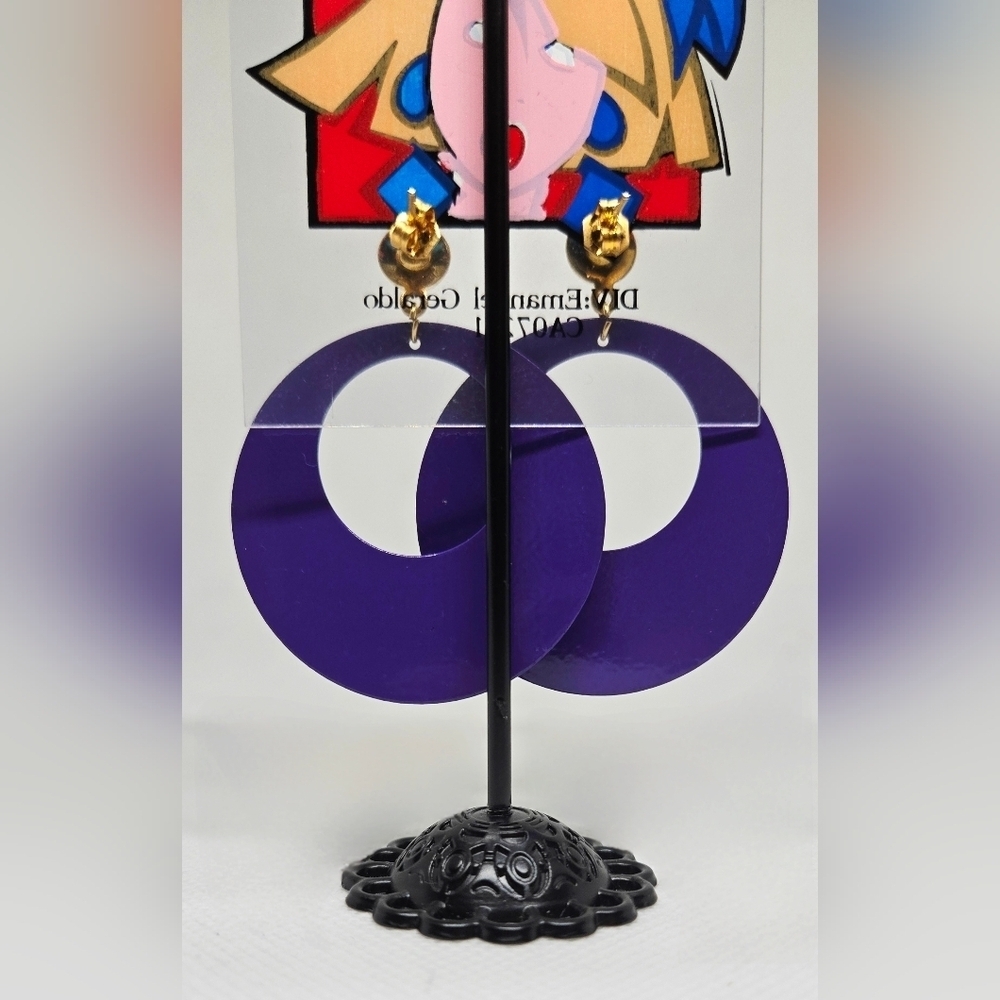 Vintage Goldie Purple Hoop Earrings Pop Art 80s Statement Dangle - Picture 7 of 7